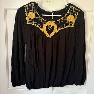 Free People Begonia Knit Blouse in Black Yellow Embroidery Size Extra Small (XS)
